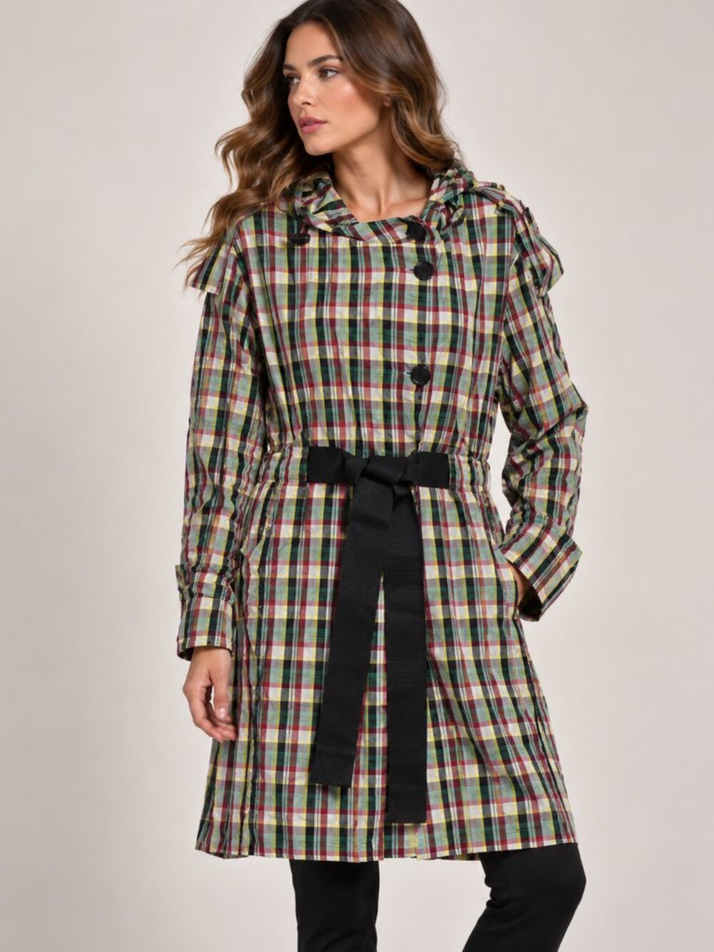 NWT   Burberry Women’s Green Plaid Hooded Belted Coat Size S